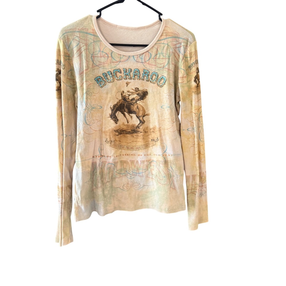 Buckaroo Womens Graphic Long Sleeve Top Western Bronco Rhinestone Tan USA Made